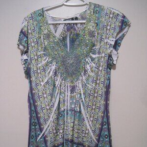 Apt. 9 Womens Large Top Green Purple Cap Sleeve Scoop-V-Neck Pleated Bling Shirt